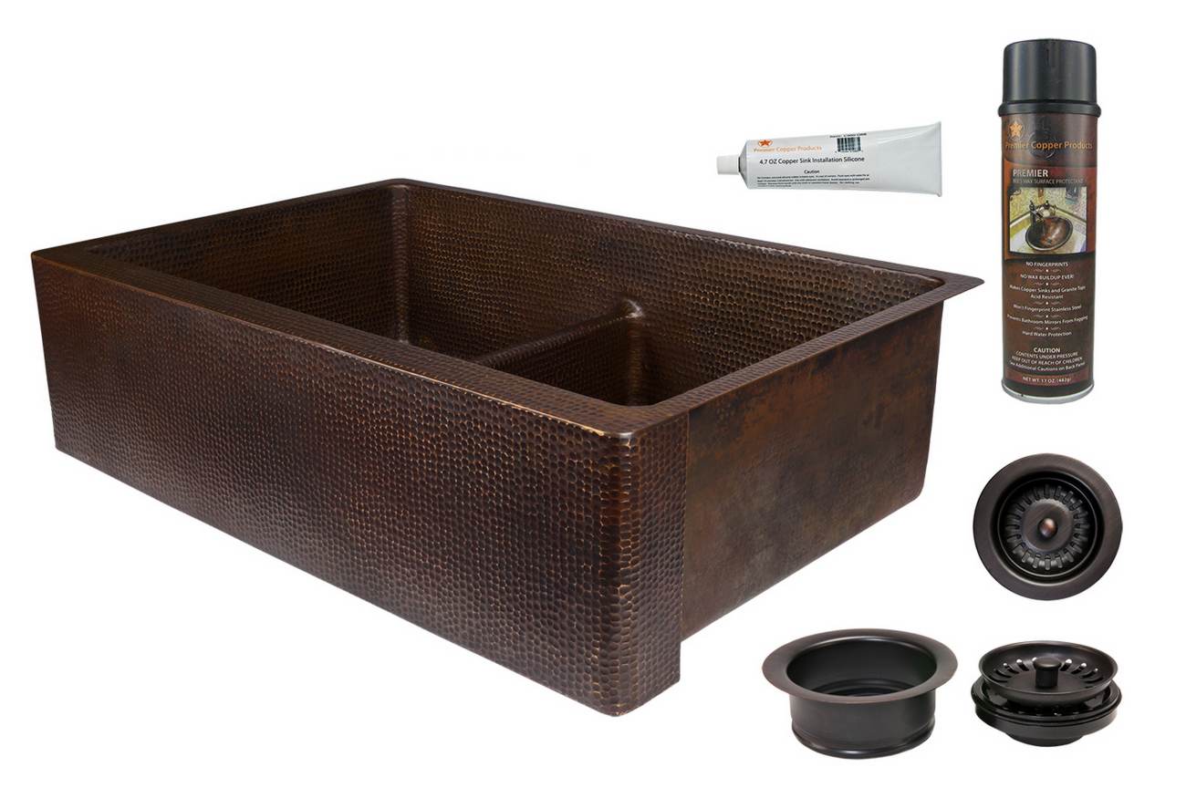 KSP3_KA50DB33229-SD5 33 Inch Hammered Premier Copper Kitchen Apron 50/50 Double Basin Sink with Short 5 Inch Divider w/ Matching Drains and Accessories