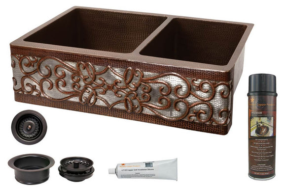 KSP3_KA60DB33229S-NB 33 Inch Hammered Premier Copper Kitchen Apron 60/40 Double Basin Sink w/ Scroll Design and Apron Front Nickel Background w/ Matching Drains and Accessories