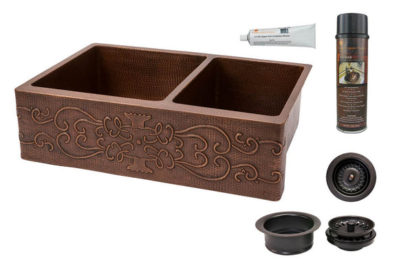 KSP3_KA60DB33229S 33 Inch Hammered Premier Copper Kitchen Apron 60/40 Double Basin Sink w/ Scroll Design with Matching Drains, and Accessories