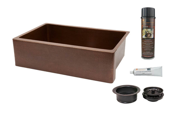 KSP3_KASB33229 33 Inch Antique Hammered Premier Copper Kitchen Apron Single Basin Sink with Matching Drain, and Accessories