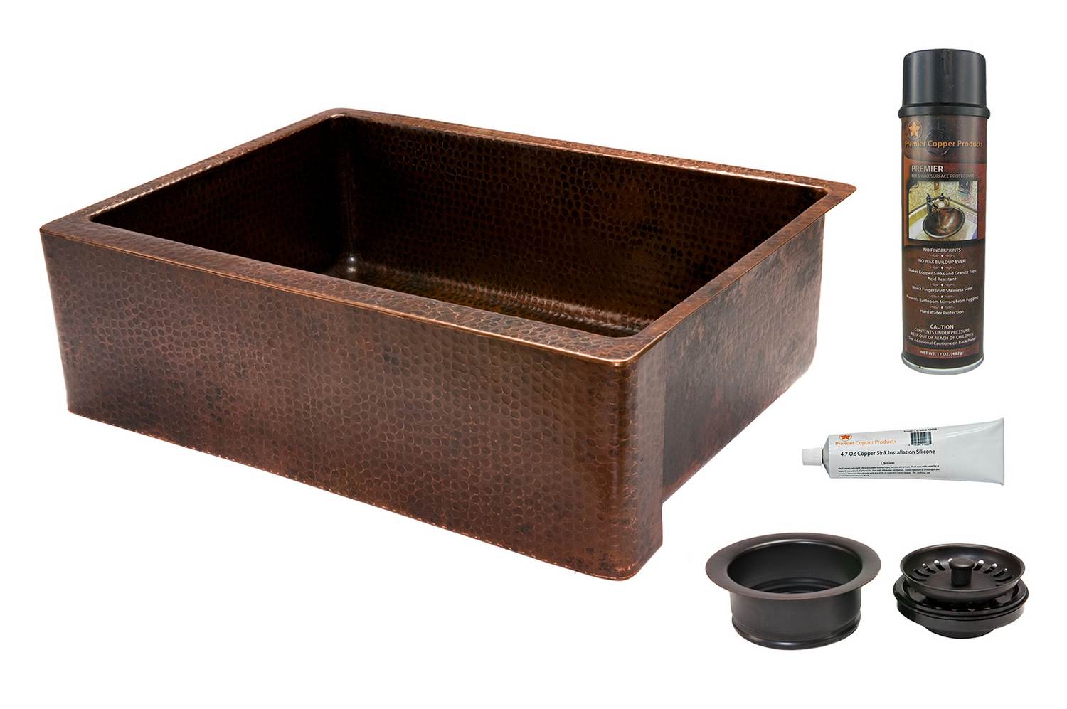 KSP3_KASDB30229 30 Inch Hammered Premier Copper Kitchen Apron Single Basin Sink with Matching Drain and Accessories