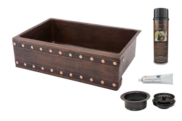 KSP3_KASDB33229BS 33 Inch Hammered Premier Copper Kitchen Apron Single Basin Sink w/ Barrel Strap Design with Matching Drain and Accessories