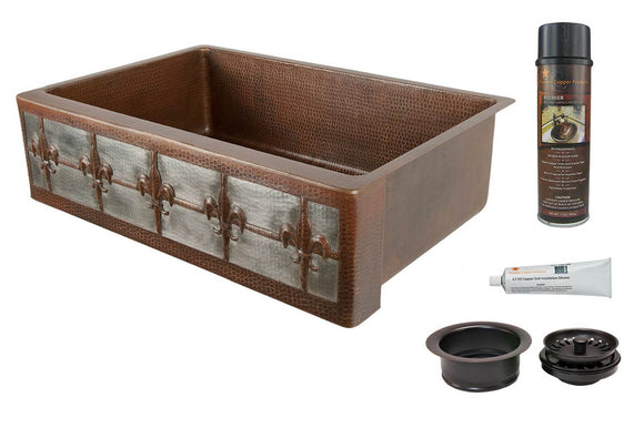 KSP3_KASDB33229F-NB 33 Inch Hammered Premier Copper Kitchen Apron Single Basin Sink w/ Fleur De Lis and Apron Front Nickel Background with Matching Drain and Accessories