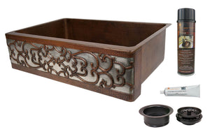 KSP3_KASDB33229S-NB 33 Inch Hammered Premier Copper Kitchen Apron Single Basin Sink w/ Scroll Design and Apron Front Nickel Background with Matching Drain and Accessories