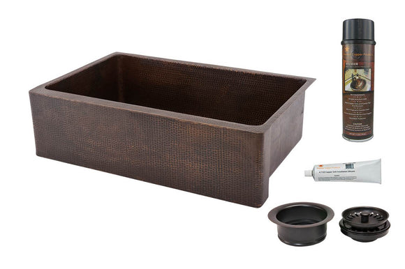 KSP3_KASDB33229 33 Inch Hammered Premier Copper Kitchen Apron Single Basin Sink with Matching Drain, and Accessories