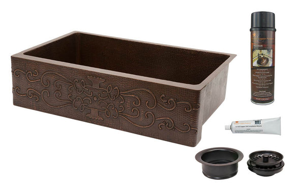 KSP3_KASDB35229S 35 Inch Hammered Premier Copper Kitchen Apron Single Basin Sink w/ Scroll Design with Matching Drain and Accessories