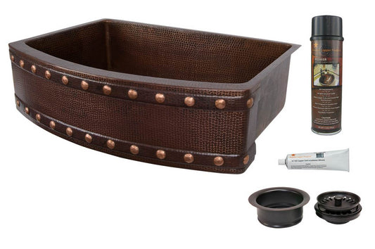 KSP3_KASRDB30249BS 30 Inch Hammered Premier Copper Kitchen Rounded Apron Single Basin Sink with Barrel Strap Design with Matching Drains, and Accessories