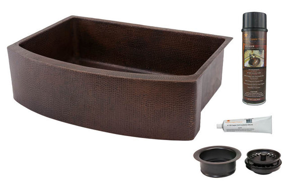 KSP3_KASRDB30249 30 Inch Hammered Premier Copper Kitchen Rounded Apron Single Basin Sink with Matching Drains, and Accessories