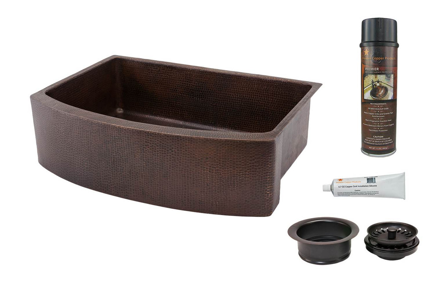 KSP3_KASRDB33249 33 Inch Hammered Premier Copper Kitchen Rounded Apron Single Basin Sink with Matching Drain and Accessories