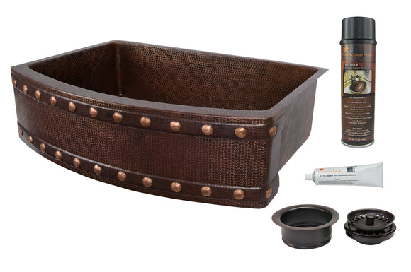 KSP3_KASRDB33249BS 33 Inch Hammered Premier Copper Kitchen Rounded Apron Single Basin Sink with Barrel Strap Design w/ Matching Drain and Accessories