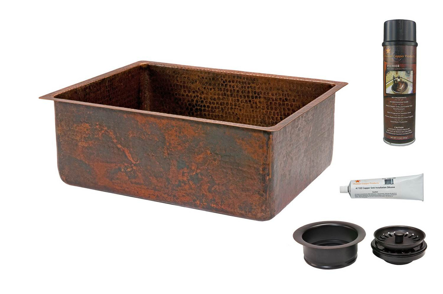 KSP3_KSDB25199 25 Inch Hammered Premier Copper Kitchen Single Basin Sink with Matching Drain and Accessories