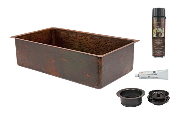 KSP3_KSDB33199 33 Inch Hammered Premier Copper Kitchen Single Basin Sink with Matching Drain and Accessories