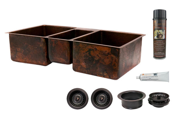 KSP3_KTDB422210 42 Inch Hammered Premier Copper Kitchen Triple Basin Sink with Matching Drains, and Accessories