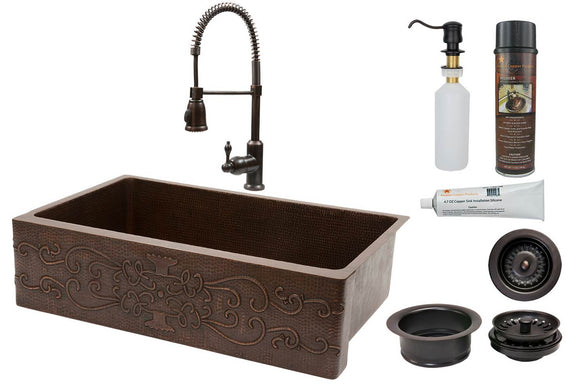 KSP4_KASDB35229S 35 Inch Hammered Premier Copper Kitchen Apron Single Basin Sink w/ Scroll Design with ORB Spring Pull Down Faucet, Matching Drain, and Accessories