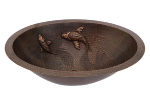 LO19FKOIDB 19 Inch Oval Under Counter Hammered Premier Copper Bathroom Sink with Two Small Koi Fish Design